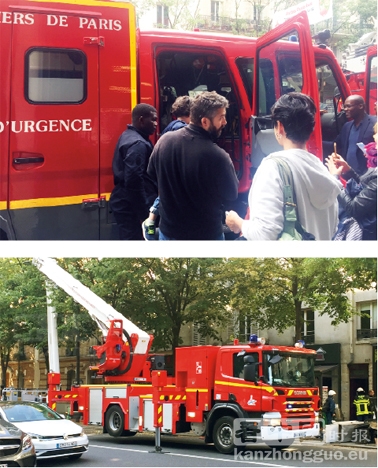 上图：巴黎11区消防队开放日；下图：巴黎13区的消防车（摄影：林莲怡/看中国）