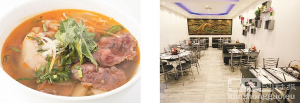 左图：顺化皇家汤；右图：Pho Mui餐馆内部装潢（摄影：李牧/看中国）