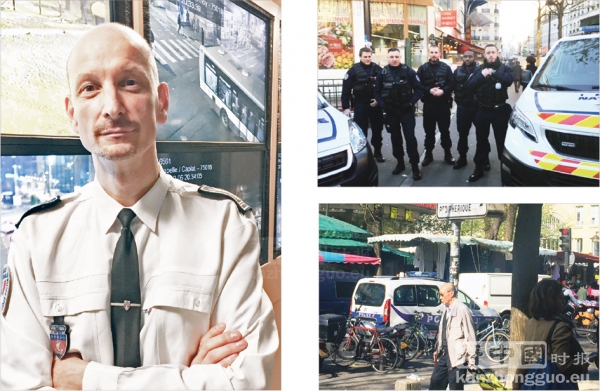 左图：巴黎第二司法警区警长赫贡；右上图：在美丽城巡逻的部分BST警员（图片由巴黎20区警察局提供）；右下图：穿过美丽城街区的警车（摄影：林莲怡/看中国）