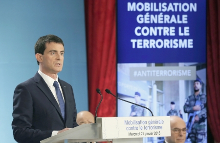 法国总理瓦尔斯（Manuel Valls）于1月21日在爱丽舍宫宣布一系列反恐新措施。（AFP/Getty Images）