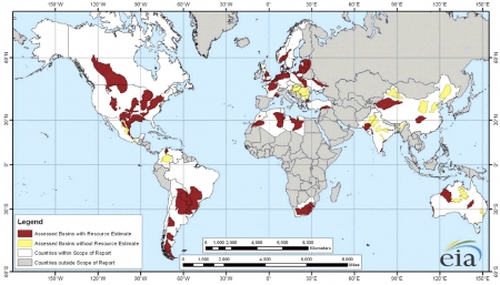 根据美国能源信息署数据绘制的38个国家的48个页岩气盆地（维基百科）