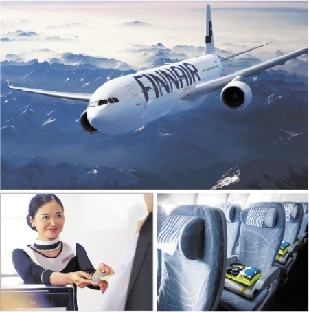 上图：芬兰航空的Airbus A330 / 左下图：芬兰航空免税购物 / 右下图：芬兰航空公司航班经济舱的“经济舒适”长途座椅和旅行用品。(图片由芬兰航空提供)