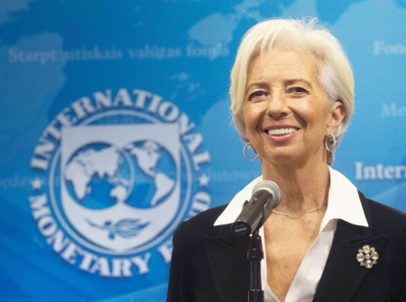 2016年2月19日，华盛顿，FMI总裁克里斯蒂娜•拉加德在国际货币基金组织新闻发布会上。（AFP/Getty Images）