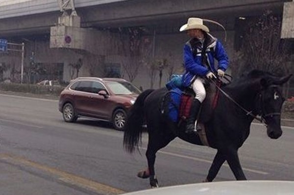 成都男子姚少双因没买到票，骑着马匹穿越国道“马上回家”。
