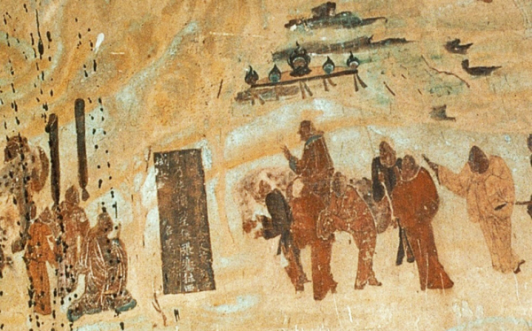 Zhang Qian prenant congé de l’empereur Wudi, pour son expédition en Asie centrale de -139 à -126, peinture murale des grottes de Mogao, 618-712. (Domaine public) Zhang Qian prenant congé de l’empereur Wudi, pour son expédition en Asie central
