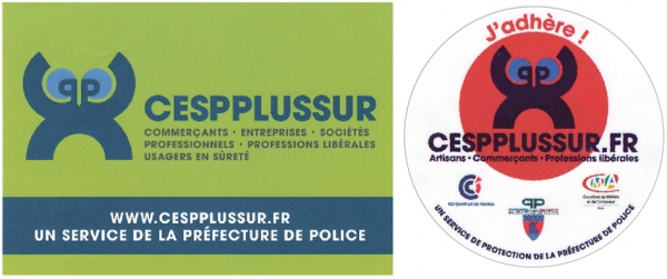 左图：Cespplussur 传单； 右图： 商家注册Cespplussur 之后可获得的 橱窗贴纸。