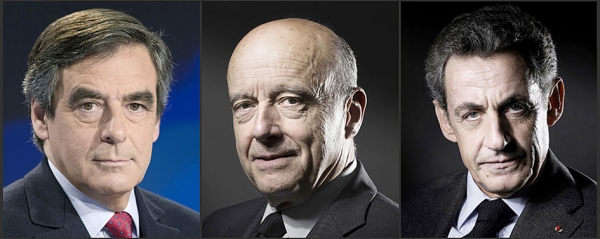 被誉为中右派党内初选胜算最大的三名候选人。左起：菲永、朱佩、萨科齐。其中菲永与朱佩在第一轮投票中胜出，将参加11月27日的第二轮竞选；法国前总统萨科齐发表讲话承