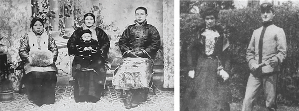 左图：蒋中正（右）、原配毛福梅（左）、母亲王采玉（中）与蒋经国（前）；右图：少年麦克阿瑟就读西点军校（1899年），和他的母亲玛丽哈迪。