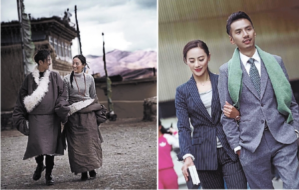 藏族新婚夫妇格绒彭措和达瓦卓玛在结婚照中穿上风格截然不同的藏装和西装，传统习俗与现代生活，形成巨大反差。（网络图片）