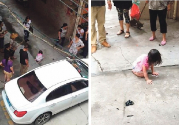 左图：女童从5楼坠下，砸到楼底的一辆白色私家车后跌落地面。右图：女孩忍痛颤颤巍巍试着站起来，表现很坚强。（网络图片）