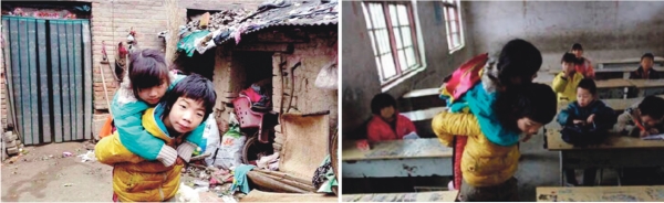 左图： 李渊背妹妹念颖去上学。右图：李渊一直将妹妹背到教室里的课桌位置上。（网络图片）