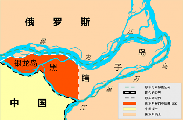 中国与俄罗斯2008对抚远三角洲（黑瞎子岛）归属的简明地图(维基百科)