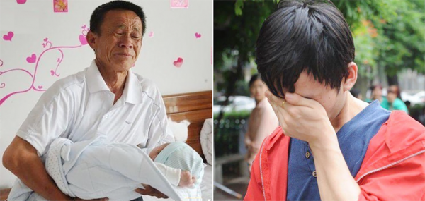 左图：小峰的父亲从陕北赶过来照顾孙子。右图：小峰捂住脸，低声的哭泣。（网络图片）