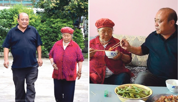 左图：刘相礼陪母亲散步。右图：刘相礼陪母亲吃饭。（网络图片）