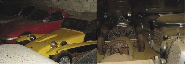 左图：仓库里存放着大量的汽车。右图：其中竟然还有跑车-方程式赛车。（网络图片）