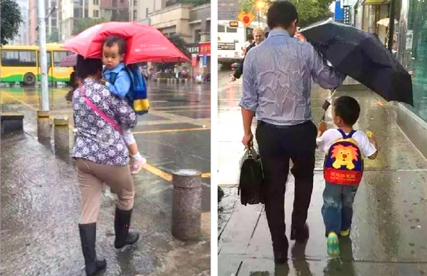 左图：冷冷的冰雨在脸上胡乱地拍……我的伞呢？右图：同样是给孩子打伞，这个父亲感动了全世界。(网络图片)