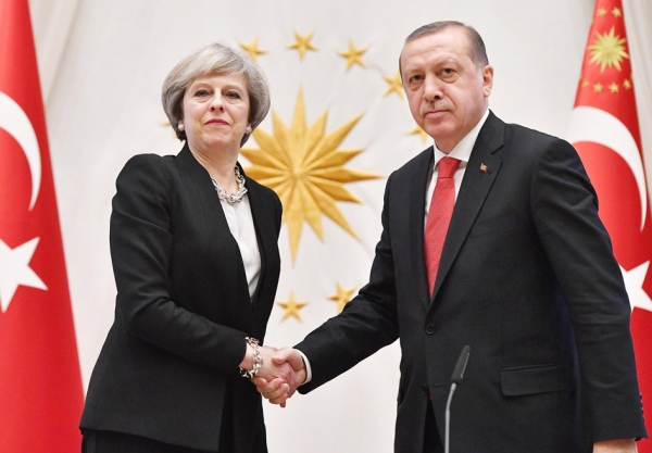 2017年1月28日，英国首相特蕾莎•梅在安卡拉与土耳其总统埃尔多安会晤。（Getty Images)