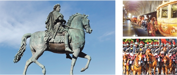 左图：路易十四骑马铜像（123RF）；右上：凡尔赛宫皇家大马厩中的马车；右下：法国共和国卫队（维基百科）