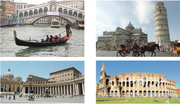 左上：威尼斯；右上：比萨斜塔；左下：梵蒂冈；右下：罗马 (图片由世华旅行社提供)