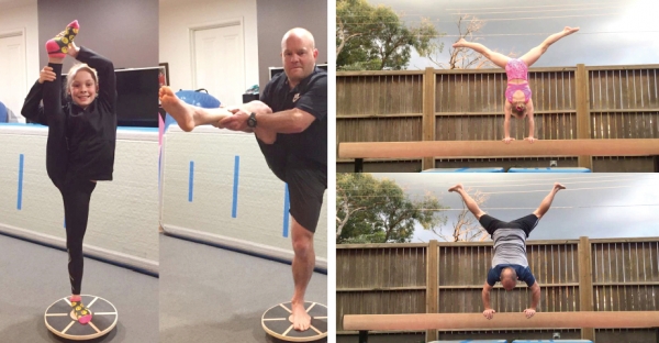 澳洲爸爸米尔斯模仿女儿体操动作。