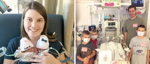 左图：伊文斯生前和刚出生的双胞胎女儿的合照；右图：伊文斯的丈夫雅各带着三个年长的孩子去医院看望他们的双胞胎妹妹。