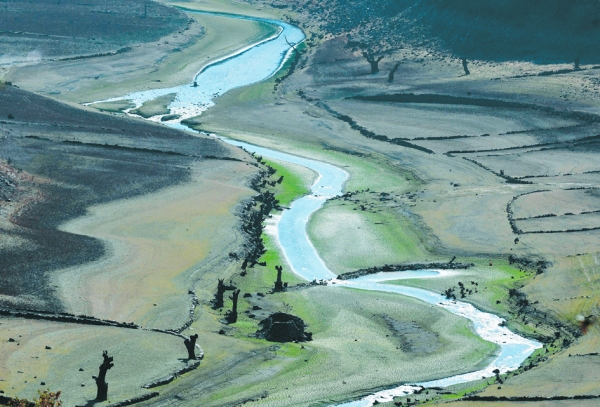 西班牙西北部比亚纳多沃洛（Viana do Bolo）的Bibei河，因干旱水位降低。（AFP/Getty Images） 