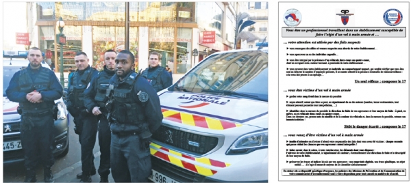 美丽城地面巡逻警队（BST）的部分新成员及警车，右边饰有红黄条纹的为近日配备的新款警车。(左图：图片由警方提供)将分发给美丽城商家的预防持械抢劫应急说明。（右图