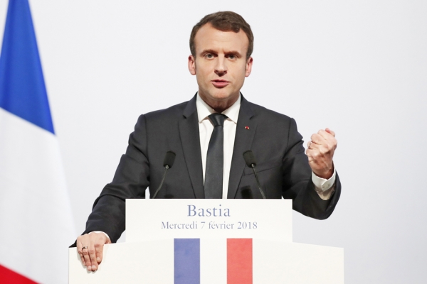 2月6日，马克龙在上科西嘉省首府巴斯蒂亚（Bastia）发表演讲。（AFP/Getty Images）