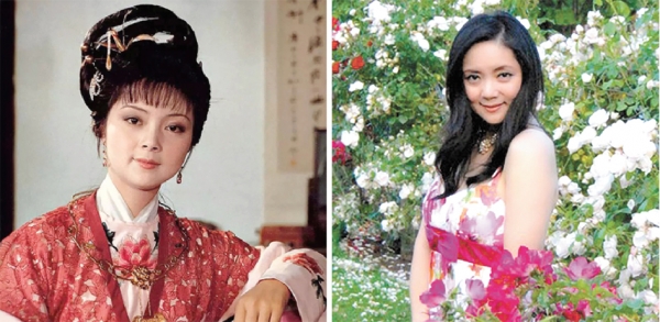 左图：电视剧《红楼梦》里的薛宝钗；右图：薛宝钗扮演者张莉的生活照。