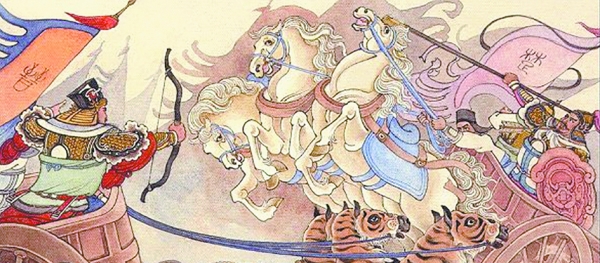 描写城濮之战的绘画，晋军将虎皮披在战马上，使得楚国联军的战马受惊而大乱。
