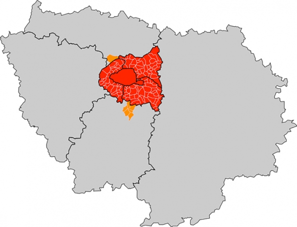 图1：“红色区域”为巴黎市和小皇冠（Petite couronne）地区所覆盖的三个省（92、93、94省）。“红色区域”+“橙色区域”为大巴黎大都会（Métr