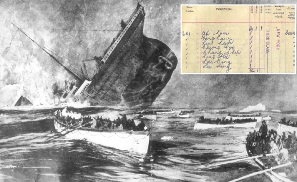 上图：泰坦尼克号当时沉没的情景(Hulton Archive/Getty Images)。右上图：当时可供8人使用的泰坦尼克号船票，上面记载了8名华人的姓名。(