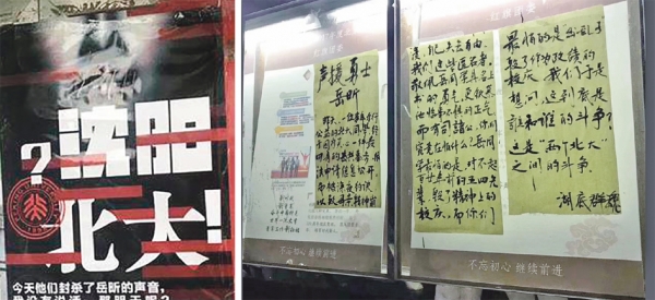 左图：中央传媒大学出现的支持岳昕的大字报 右图：北京大学出现的支持岳昕的大字报