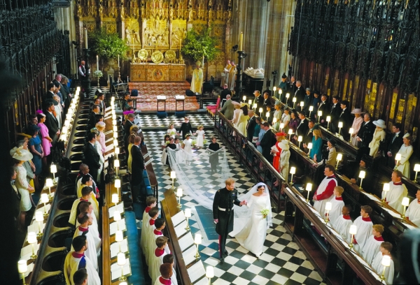 2018年5月19日，英国哈里王子（萨塞克斯公爵）和梅根（萨塞克斯公爵夫人）在英国温莎城堡的圣乔治教堂举行盛大婚礼。 (Owen Humphreys - WPA