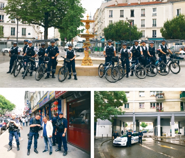 上图：摄于Place de la Réunion的BTC20的自行车巡逻队；左下图：美丽城地区联络警队与当地华商保持紧密联系。右下图：位于Porte de Ba