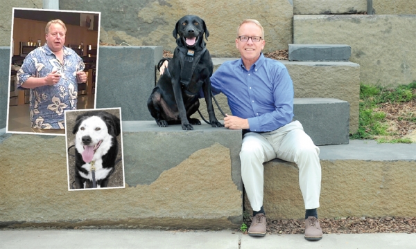 左上图：Eric减肥前的样子以及他的爱犬Peety；上图：如今减肥后的Eric和爱犬Jack。