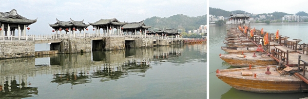 左图：广济桥；右图：广济桥中间的浮桥，是由18艘木船连接而成。(123RF)