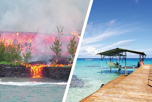 左图：留尼汪岛的富尔奈斯活火山喷发（Samuel A. Hoarau/维基百科）；右图：大溪地的海上屋美景（Frédéric Jacquot/维基百科）