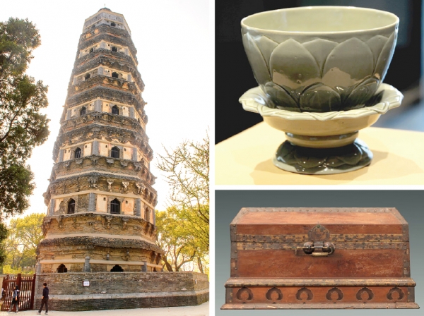 左图：虎丘塔(123RF)；右图：虎丘塔中发现的越窑青瓷莲花碗和宋代楠木经箱