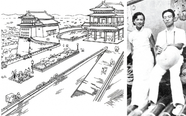 左图：梁思成当年提出的北京城墙公园设想规划草图，但却没有被采纳，而后，北京的老城墙和老建筑被铲除殆尽。右图：梁思成与林徽因合照。