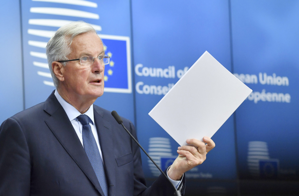 2018年7月20日，欧盟首席脱欧谈判代表米歇尔•巴尼耶（Michel Barnier）在布鲁塞尔举行脱欧议题的部长级会议后的新闻发布会上。（AFP/Getty