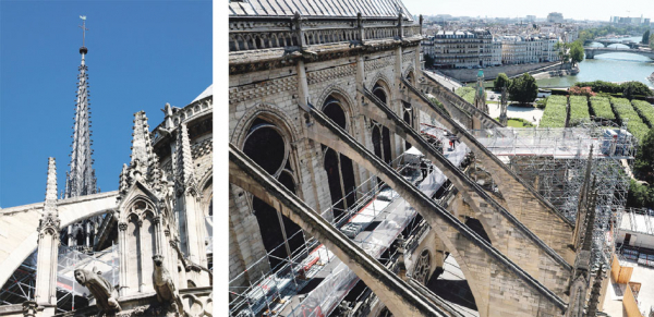 巴黎圣母院已开始为期10年的大型修缮工程，左图为圣母院的最高尖顶部分和檐口排水石像，右图为圣母院飞拱及环形巡视道。（AFP/Getty Images）
