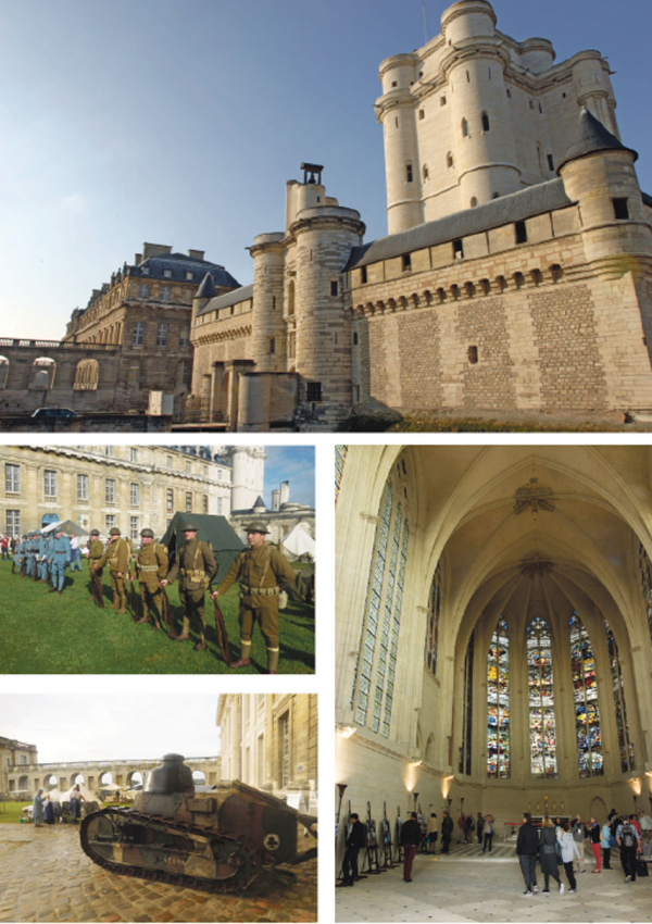 上图：万森城堡主塔楼；下左：去年欧洲遗产日1918露营地重现第一次世界大战士兵服饰及活动现场；下右：圣-礼拜堂内部（图片由法国国防历史部SHD提供）。