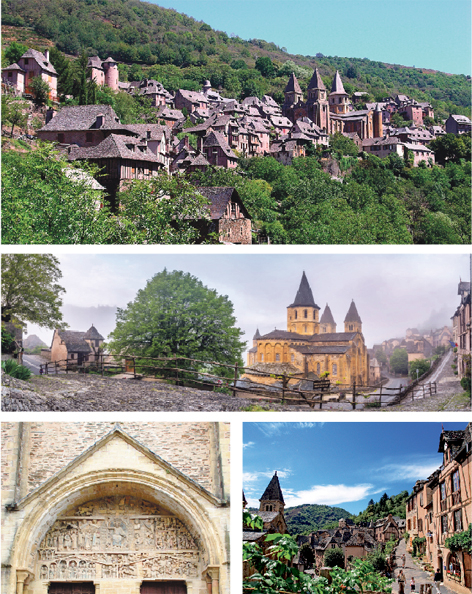 上图：坐落在山谷中的孔克小镇（Licence Art Libre/维基百科）；中图：圣斐修道院教堂（Krzysztof Golik/维基百科）；下左图：圣斐修道