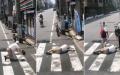 日本街头，一名老人摔倒在地，经过的路人前来帮助老人。