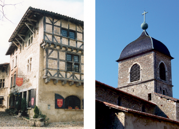 左图：佩鲁日糖饼的发源地佩鲁日老镇旅店（GIRAUD Patrick/维基百科）；右图：佩鲁日小镇的钟楼（LPBVF）