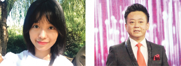 左图：遭朱军性骚扰的女生一直未露真容，9月25日，首次在微博上晒出其正面照。(网页截图)   /   右图：朱军（维基小霸王/维基百科）