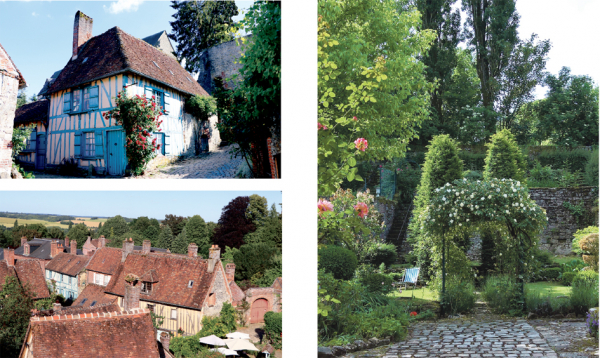 左上图：热尔伯鲁瓦镇中有名的小蓝屋（A.GOUVERNEL-LPBVF）；左下图：小镇老房子；右图：紫衫花园(Claude villetaneuse/维基百科)