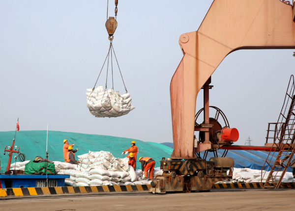 江苏南通港正在卸载进口的大豆。（Getty Images）