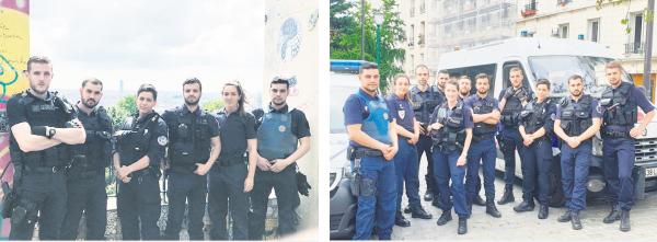 左图：巴黎美丽城地区联络警队（BTC Belleville）部分新成员； 右图：美丽城BTC警队部分新老成员在警车前。（图片由巴黎20区警察局提供）